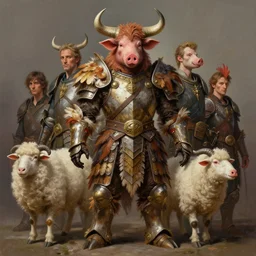 digital painting of joaquin phoenix wearing armor made of animals, cow horns, pig nose, sheep wool, chicken feather armor, majestic, by anna podedworna and miklos ligeti, diego maricato, taran fiddler, antonino truisi, chris reddie, jinsung lim, on artstation
