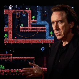 nicholas cage gameplay still frame, pixel art, platformer, metroidvania, retro, splash screen, level design, high contrast, background, deep focus, highly detailed, dramatic lighting, digital painting, artstation, concept art, matte, greg rutkowski, moebius, illustration.