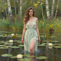 full body portrait of a beautiful woman wading knee height in a shallow pond, obscured by water lilies, aspen grove in the background, by Jeremy Mann, stylized, detailed, loose brush strokes, pastel colors, green and yellow tones
