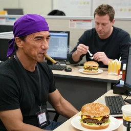 Jean Claude van Damme working as your IT guy in the office he's smoking a blunt and wearing a purple durag, and the person that isn't scowling because he doesn't smell that good. meanwhile the top G Andrew Tate warming up a spoon of heroin in the background. Mcdonald hamburger +4 fights my best friend allen in the parking lot of applebee's