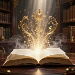 library with an open book, book open, spell coming out of the book, 8K, trending on Artstation, volumetric light, lightrays, smoke, cinematic, atmospheric, octane render, insanely detailed and intricate, hypermaximalist, elegant, ornate, luxury, elite, by James Jean, by Brian Froud, hyper realistic, super detailed