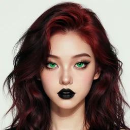 a realistic illustration portrait of a beautiful cute girl with wavy black red hair, a pointy nose and, round chin black eyeliner, green pupills, trending on artstation, hyper - realistic lighting, intricate by imagineartforyou