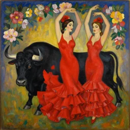 highly detailed painting of gemini flamenco goddesses wearing red gowns next to a black bull framed with flowers by tamara de lempicka