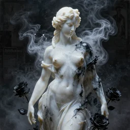 translucent marble statue of a fierce wet fashion model, swirling white and black smoke, mist, splash, sweat skin, liquid black metal, black roses, poster art, high detail, intricate oil painting, deep black mood, hyperrealism, 3 d, by tooth wu and wlop and beeple and greg rutkowski