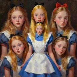 a insanely intricate beautifull oil painting of alice in wonderland, beauty cute faces, unreal engine, 8 k resolution, soft dramatic lighting, cinematic, insanely intricate, subsurface scattering, anti aliashing, pixar,