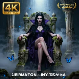 hyperrealistic portrait of a woman as a vampire witch, crossed legs sitting on an ancient stone throne classical columns moss alma tedema, symmetric fog smoke clouds sapphire butterflies. by jeremy mann, fantasy art, photo realistic, dynamic lighting, artstation, poster, volumetric lighting, 4 k, award winning