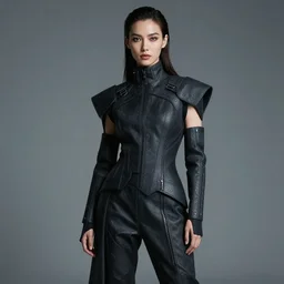 stunning woman wearing modern techwear, dark aesthetic, by greg rutkowksi