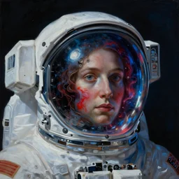 a close - up view, renaissance portrait of a one space astronaut with face surrounded by nebula. transparent glass, space suit and reflections on it. deep blue and red tones. gloomy dark black background. highly detailed fantasy science fiction portrait painting by syd mead and mikhail vrubel. rich colors, high contrast. artstation