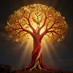 the tree of life brain heart holy grail red veins branches gold light, cinematic masterpiece, beautiful lighting