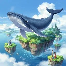 a colourful ultradetailed anime illustration of floating island in the sky, a giant whale skims out of the water, summer, by makoto shinkai, anton fadeev, thomas kinkade, and james gilleard, deviantart, cgsociety, ultra wide angle, 4 k vertical wallpaper
