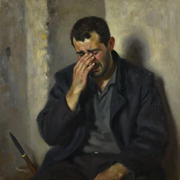 oil painting of a greek rebetiko musician crying in the dark corner of a dirty room, light and shadow, paint knife, stylised