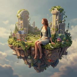 i llustration of a woman sitting on the edge of a flying island, whimsical, detailed, volumetric lights, intricate details, raytracing, great complexity, trending on artstation by james c christensen
