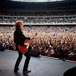 john lennon playing a red gutair on stage while thousands of fans cheer, hd, epic, wide angle shot