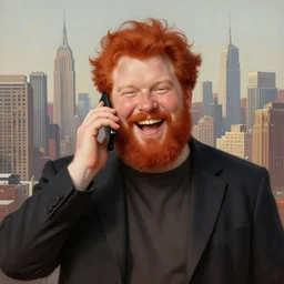 a laughing fat redheaded man with beard talking on a cell phone manhattan skyline in the background, portrait,  intricate, elegant, highly detailed, centered, digital painting, artstation, concept art, smooth, sharp focus, illustration, art by art germ and donato giancola and Joseph Christian Leyendecker