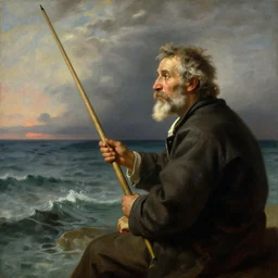 portrait of wise man as a fisherman looking at the coast by bouguereau and jeremy mann, dynamic lighting