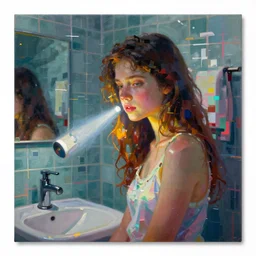 a beautiful painting by mark tennant of a girl in a glitched bathroom, pixel sorting, color bleeding, brushstrokes by jeremy mann, flashlight shot