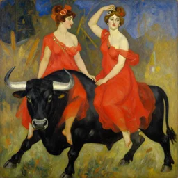 highly detailed painting of gemini goddesses wearing red dresses riding a black bull by tamara de lempicka