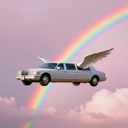 Angel-winged limousine flying into a cloudy but sunny pink sky - rainbow on the background
