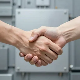 close shot of strong handshake and interlocking arms against a background of sillicon chip blood vessels sunset at sunset in the style of trending on artstation cinematic