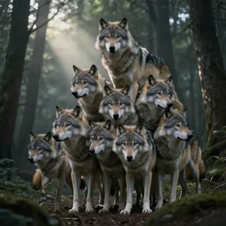 a bunch of wolves stacked on top of each other, gloomy forest, zaba style, cinematic, sunbeams, detailed, hq, trending on artstation, dramatic lighting