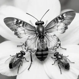 highly detailed beautiful black and white photography of insects, mucha, sharp focus, dynamic lighting, elegant harmony, beauty, masterpiece, by riccardo federici, by james jean, by craig mullins, by lois van baarle, by makoto shinkai, illustration, ink draw, pen,