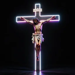 highly detailed jesus christ crucified on gloving neon cross, octan render, shadows, reflections, digital painting, realistic, neon lights, black background, neon lighting, fluorescent, anatomically correct body