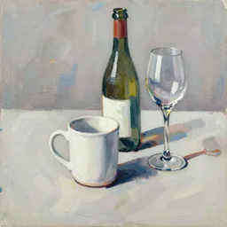 minimal, white mug, glass bottle, wine glass, on a table. drawing on painting, brush marks. expressive abstraction.. in the style of john craxton, similar aesthetics to ivon hitchins. picasso