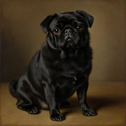 portrait of an anthropomorphic fully black pugalier dog, renaissance style painting