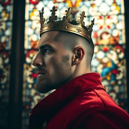 side - view portrait of a stern man, wears a golden crown, buzzcut, stubble, red coat, gothic stained glass window, very masterful, royal, backlit