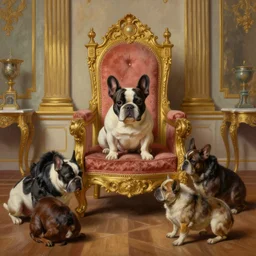 8k highly detailed oil matte painting in the style of Charles Landelle of A French Bulldog Louis XIV, decadent throne room, the other animals prostrate themselves before the throne, French architecture