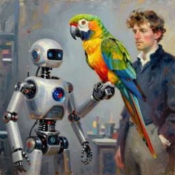 parrot parrot parrot robot robot machine, ilya kuvshinov, john singer sargent, digital art illustration, impressionist oil painting, trending on artstation, intricate