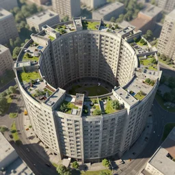 matte painting of the bird's eye view of circle shaped apartment building. rooftop garden. brutalist soviet architecture. dynamic perspective. urban, detailed digital art trending in artstation
