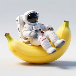 HD Digital art of an astronaut with a banana head relaxing on a giant banana split dessert in space