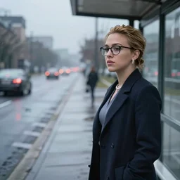 Scarlett Johansson, lonely, wearing eyeglasses, waiting at the bus stop on moody weather, rinat voligamsi