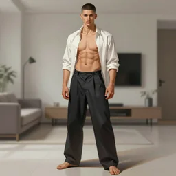 full body portrait of a single beautiful young fit man, modern haircut, open shirt, large pants, bare feet, by greg rutkowski and alphonse mucha, d & d character, in front of a modern room background, highly detailed portrait, digital painting, artstation, concept art, smooth, sharp focus ilustration, artstation hq