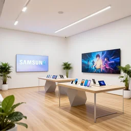 ( ( ( minimalist neon flagship samsung store, white walls. oak floor. hanging lights. geometric furniture, large digital screens. display tables with phones and tablets, verdant plants ) ) ) concept art, pbr textures, john berkey, beeple, wlop, makoto shinkai, yoji shinkawa, wadim kashin, artstation, 4 k