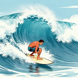 champion surfers on big wave, in style of r. crumb
