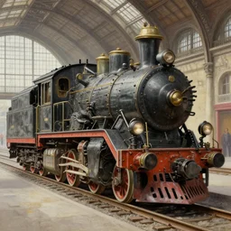 an ancient gg 1 locomotive, detailed, intricate, paris railway station background, photorealism, volumetric lightsby moebius and ricardo robles, marco turini, oil, ink, gouache, ilustration, octane render