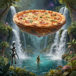 beautiful digital fantasy illustration of a robot in a garden, a full body portrait of a beautiful post apocalyptic offworld neoicelandic biofarmer swimming by the waterfalls, intricate, elegant, highly detailed, surreal, beautiful, insane detailed, layered pizza dream boat floating in the cubic space of cosmic terror, highly detailed, soft lighting, rendered in octane, masterpiece, very very very aesthetic