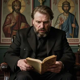 frightened facial expression, seated pose, hyper - realistic photo of stalin studying necronamicon, muted colour, deep shadows and light, super detail, very detailed drawing, 8 k, cinematic lighting, epic composition, orthodox icon stylisation, soviet poster stylisation, trendy art station, very high detail, stunning, hdr, smooth, sharp focus, high resolution, award winning photo, dslr, 5 0 mm