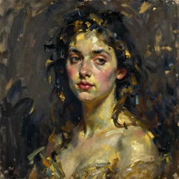 spontaneous unfinished romantic portrait, beautiful juicy brush strokes, by Richard schmid and Sargent, low key lighting, black and gold, trending on cgsociety, expressionism, linen canvas
