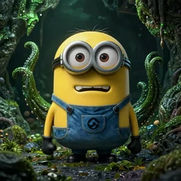 Minion as Lovecraft's monster, a lot of tentacles, evil, angry face, dark colours, green colours, high resolution, 50 mm, extremely realistic, cave