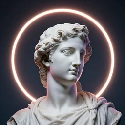 a 3 d neon circle surrounding the head of a renaissance statue