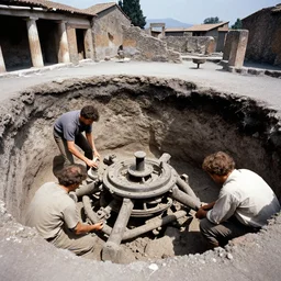 Archaeologists Finding a Complex Machine in a Hole, Buried in the Ruins of Pompeii, 1983 photo, award winning
