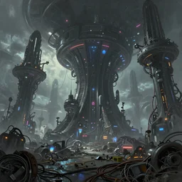 beautiful low angle painting of an alien world with unknown structures and technology, gardenpunk, wires everywhere, junk on the ground, neon lights, moody atmosphere, epic composition, dramatic lighting, trending on artstation, octane render, by robert zemeckis