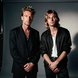 medium format photo of jean - michel basquiat and kurt cobain photographed by annie leibovitz in a hi end photo studio, photorealistic, atmospheric,
