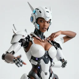 beautiful centered fine art photo portrait of beautiful black girl with white solarpunk mecha humanoid head parts with led lights, sexy pudica pose gesture, white background, ultra - realistic and intricate, soft box lighting, shallow depth of field hdr 8 k