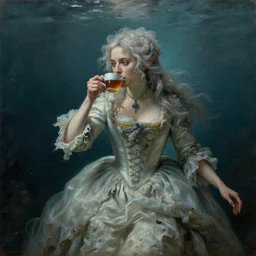 a 1 8 th century, messy, silver haired ( ( ( mad ) ) ) elf princess ( look like ( ( young kate winslet ) ), dressed in a ( ( tattered ) ), wedding dress, is ( ( drinking a cup of tea ) ). everything is underwater! and floating. theatrical, oil canvas by jakub rozalski, jan matejko