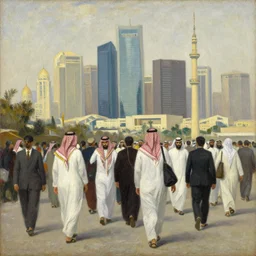 painting of saudi commuters heading to the central business district of riyadh, painted by laurence stephen lowry, oil on canvas, national gallery