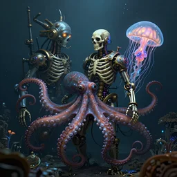 underwater photography of a steampunk human skeleton in symbiosis with an octopus and a jellyfish, intricate and ornate alien technology, bioluminescence, bloom, dim rim lighting, by victor grasso and scott musgrove, and h. r. giger, digital illustration, cg society